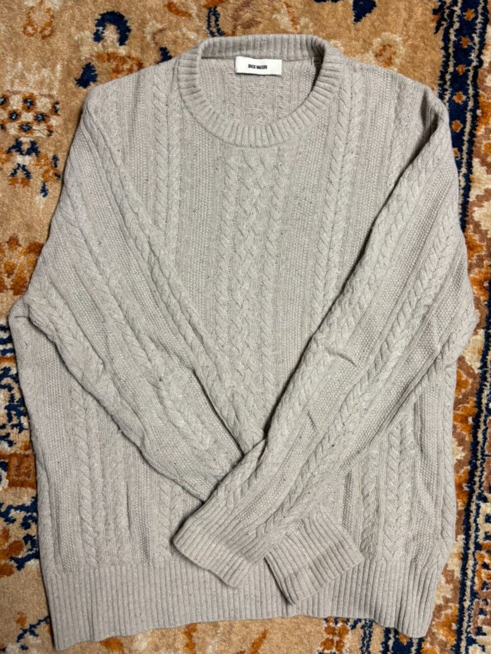 Buck Mason Cable Knit Cream Sweater XL Donegal Tweed Cable Crew
